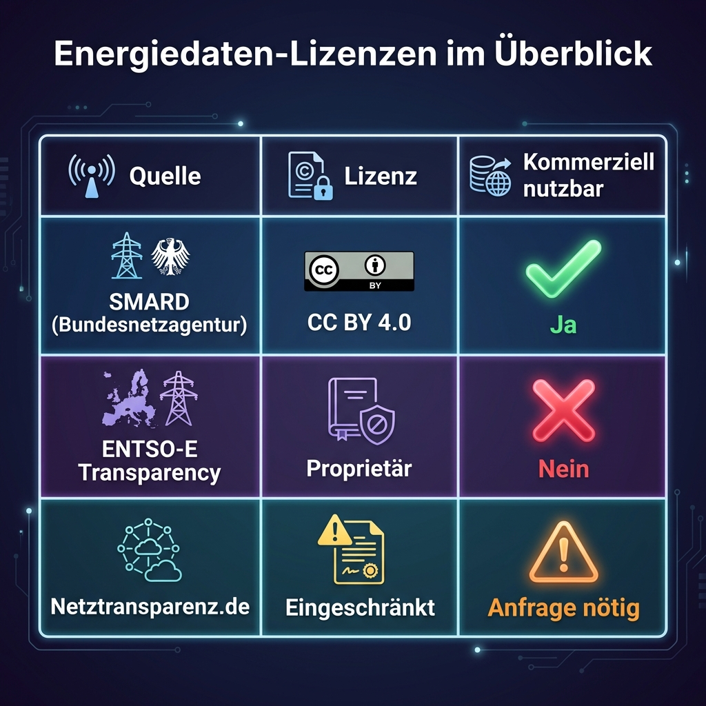 Lizenz-Übersicht der wichtigsten Energiedaten-Quellen in Deutschland