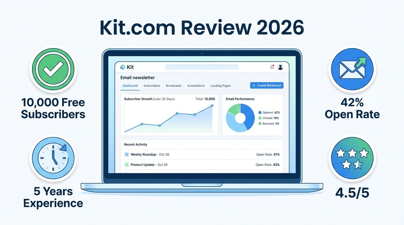 Kit.com Review 2026 — Dashboard mit 10.000 Free Subscribern, 42% Open Rate