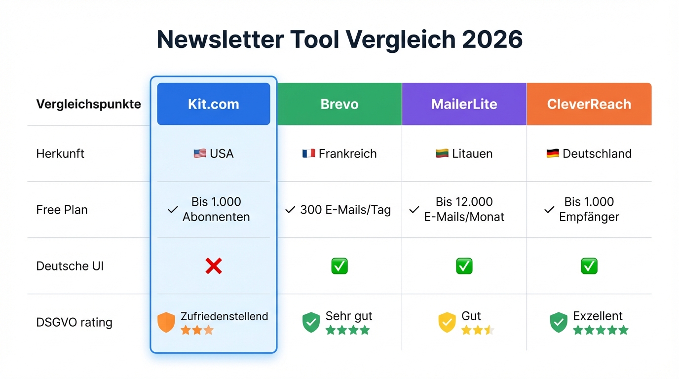 Newsletter Tool Vergleich 2026 — Kit.com, Brevo, MailerLite, CleverReach